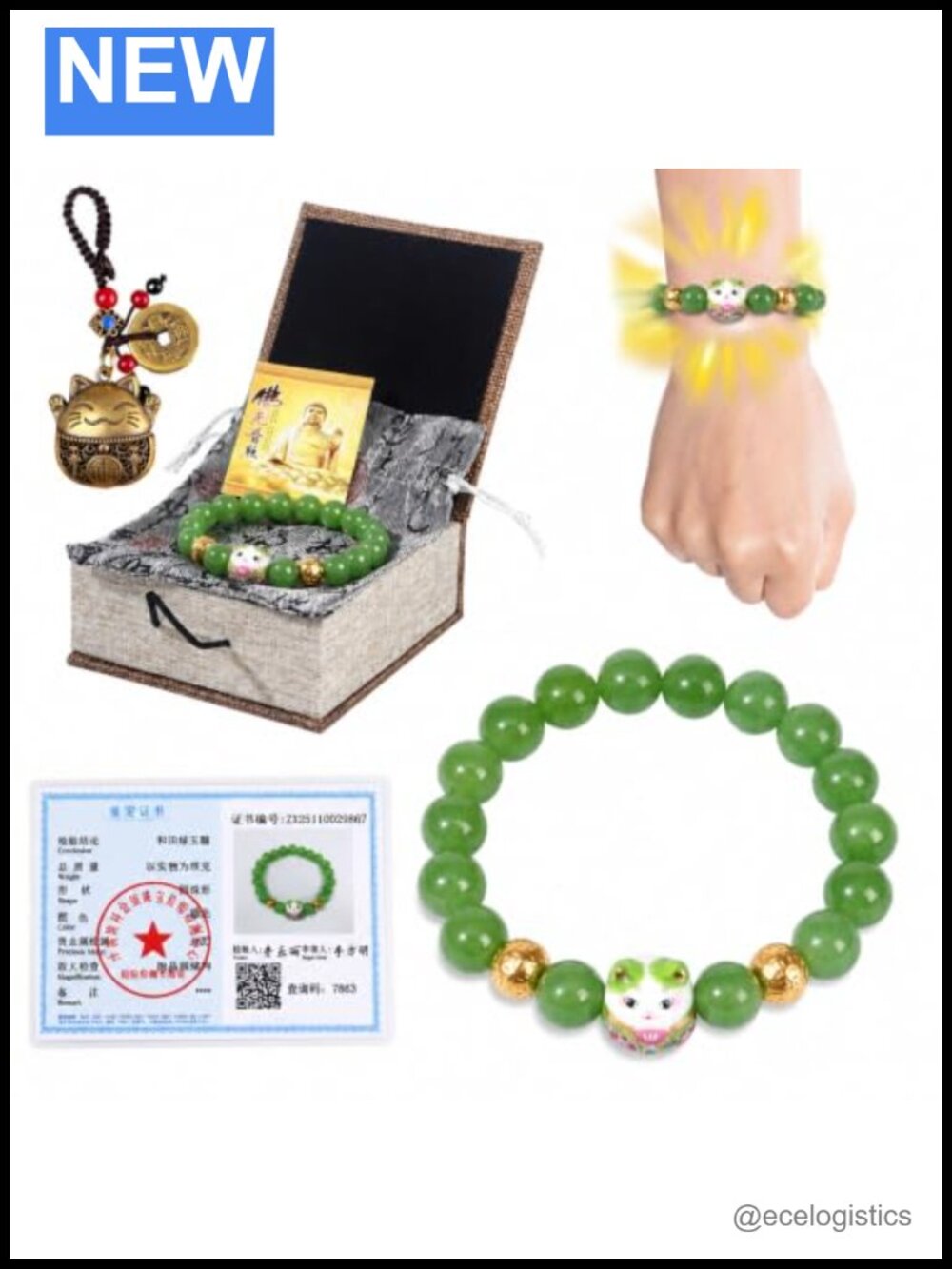 Feng Shui Lucky Cat Bracelet Gemstone Beads Gold Plated Beads